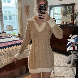 Cable Knit Sweater Dress in Tan and Cream